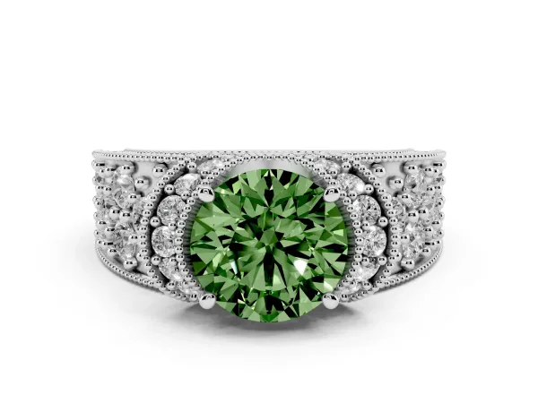 Fancy Green Round Cut Halo Pave Diamond Engagement Ring with Milgrain Detailing Platinum