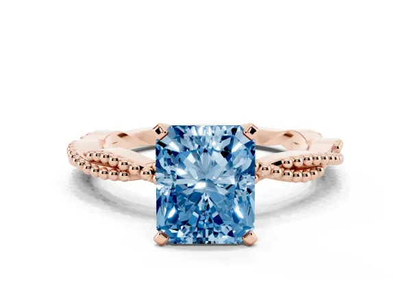 Fancy Blue Radiant Cut Solitaire Twisted Band with Bead Prong Setting Rose gold