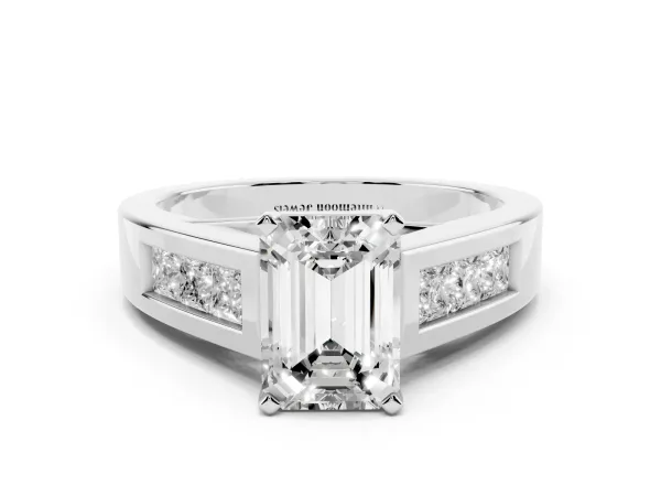 Emerald Cut Cut Channel Set Solitaire Ring with Four-Prong Setting Platinum
