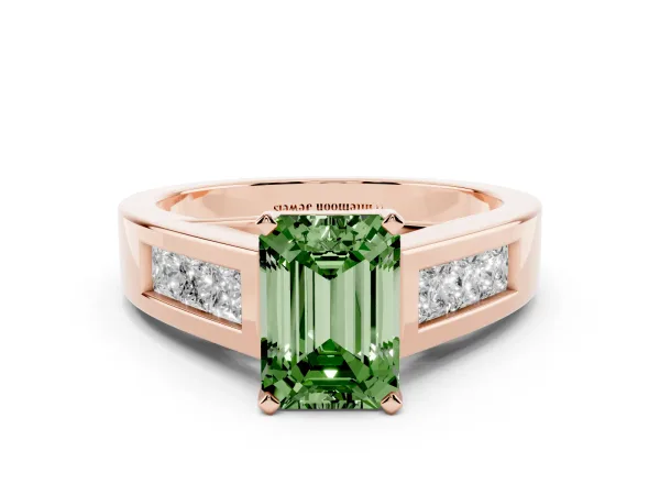 Fancy Green Emerald Cut Cut Channel Set Solitaire Ring with Four-Prong Setting Rose gold