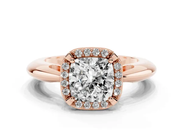 Cushion Cut Cut Diamond Halo Engagement Ring with Split Shank and Four-Prong Setting Rose gold
