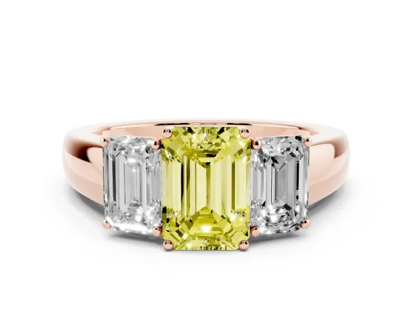 Fancy Yellow Three-Stone Emerald Cut Cut Diamond Ring with Prong Setting and Classic Band Rose gold