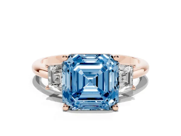 Fancy Blue Asscher Cut Diamond Three-Stone Ring with Trapezoid Side Stones and Prong Setting Rose gold