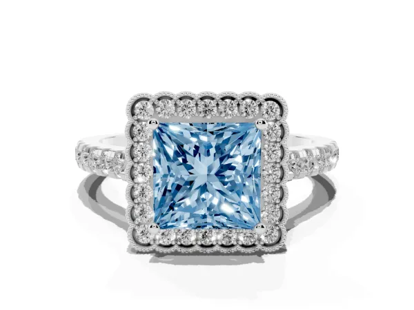 Fancy Blue Princess Cut Cut Diamond Milgrain Floral Halo Engagement Ring with Pavé Band White gold