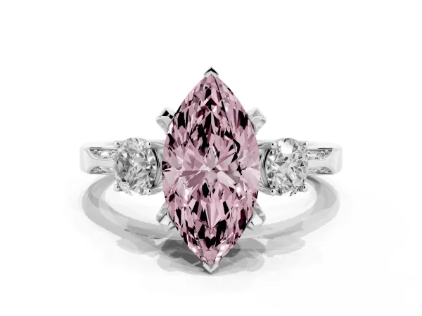 Fancy Pink Marquise Cut Brilliant Three-Stone Diamond Ring with Pavé Band and Four-Prong Setting Platinum