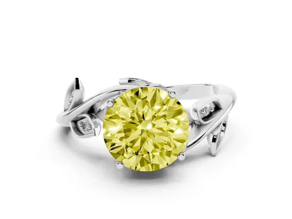 Fancy Yellow Round Cut Solitaire Twist Engagement Ring with Leaf Accents and Prong Setting White gold