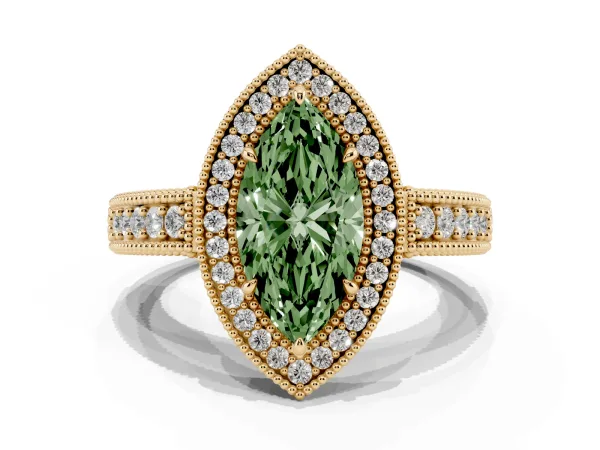 Fancy Green Marquise Cut Cut Halo Diamond Ring with Pavé Band and Four-Prong Setting Yellow gold