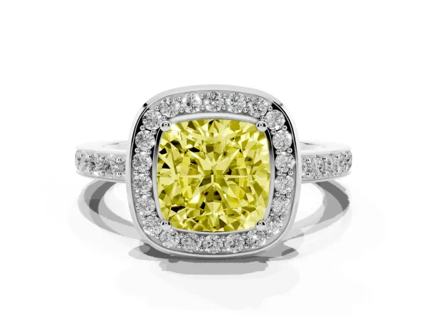 Fancy Yellow Cushion Cut Diamond Halo Ring with Bezel Frame and Pavé Band White gold