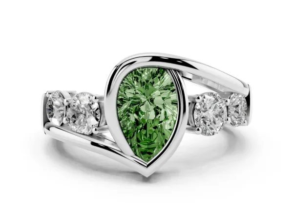 Fancy Green Bezel Set Pear Cut Diamond Bypass Ring with Round Accents Platinum