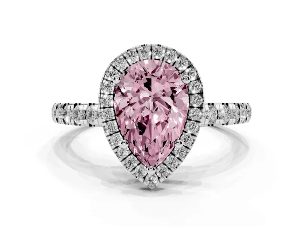 Fancy Pink Pear Cut Diamond Halo Ring with Pavé Band and Four-Prong Setting White gold