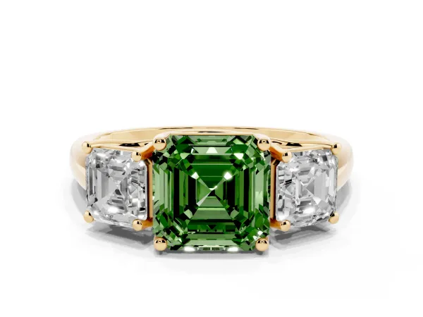 Fancy Green Three-Stone Asscher Cut Diamond Engagement Ring with Prong Setting Yellow gold