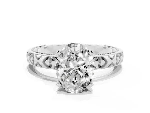 Oval Cut Solitaire Diamond Engagement Ring with XO Engraved Band and Four-Prong Setting White gold
