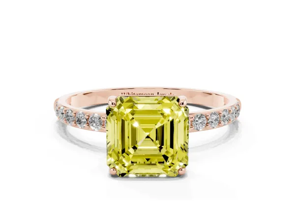 Fancy Yellow Asscher Cut Diamond Solitaire Ring with Round Pavé Shoulders and Prong Setting Rose gold