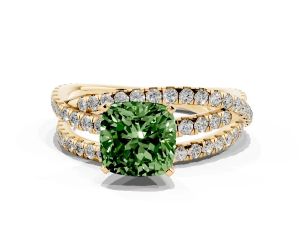 Fancy Green Cushion Cut Solitaire Twist Band with Pavé Setting and Four-Prong Setting Yellow gold