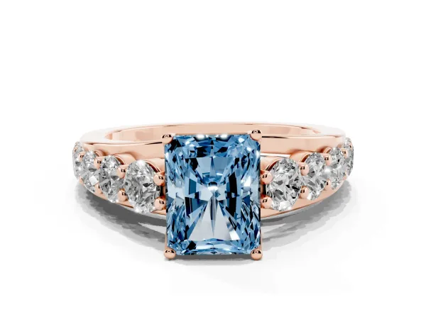 Fancy Blue Radiant Cut Diamond Engagement Ring with Pavé Band and Four-Prong Setting Rose gold