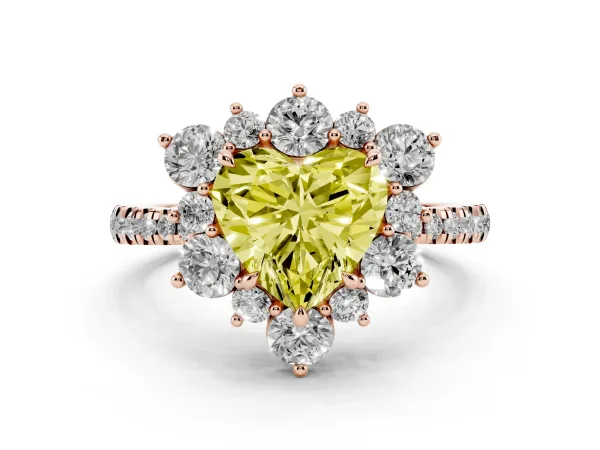 Fancy Yellow Heart Cut Diamond Floral Halo Ring with Round Pavé Band and Prong Setting Rose gold
