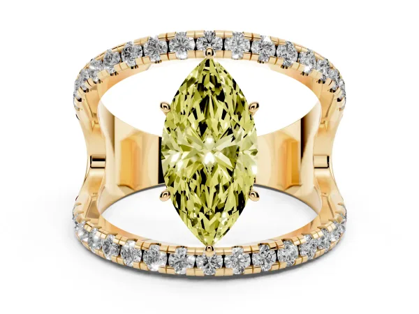 Fancy Yellow Marquise Cut Solitaire Split Shank Pave Diamond Ring Yellow gold