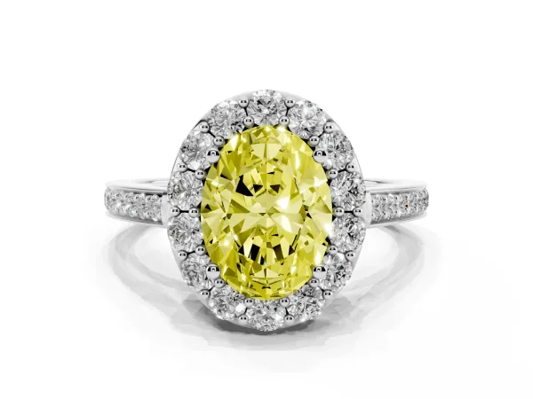 Fancy Yellow Oval Cut Diamond Floral Halo Ring with Pavé Band and Prong Setting White gold