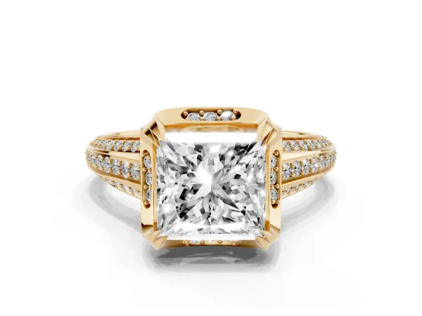 Princess Cut Solitaire Pave Split Shank Ring with Four-Prong Setting Yellow gold