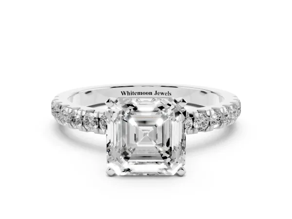 Asscher Cut Diamond Solitaire Ring with Pavé Accents and Four-Prong Setting White gold