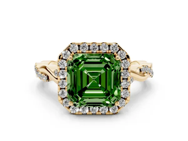Fancy Green Asscher Cut Halo Twist Band Solitaire Ring Yellow gold
