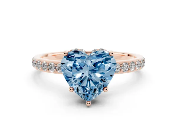 Fancy Blue Heart Cut Diamond Solitaire Ring with Pavé Band and Hidden Halo Rose gold