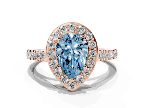 Fancy Blue Pear Cut Diamond Halo Ring with Round Pavé Split Shank and Prong Setting Rose gold