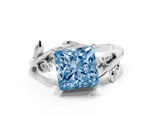 Fancy Blue Princess Cut Solitaire Twist Engagement Ring with Leaf Accents and Prong Setting Platinum