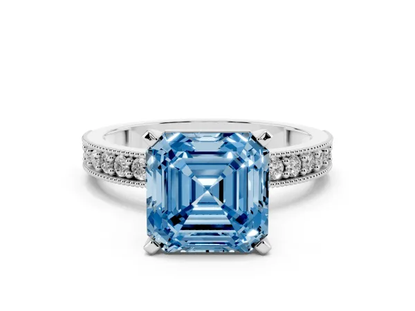 Fancy Blue Asscher Cut Diamond Milgrain Pavé Engagement Ring with Four-Prong Setting White gold
