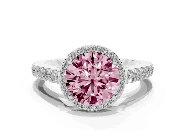 Fancy Pink Round Cut Cut Halo Diamond Engagement Ring with Pave Band and Four-Prong Setting Platinum