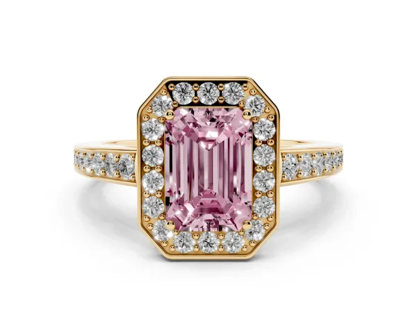 Fancy Pink Emerald Cut Halo Pavé Diamond Engagement Ring with Bezel Setting Yellow gold