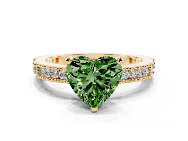 Fancy Green Heart Cut Solitaire with Pavé Band and Four-Prong Setting Yellow gold