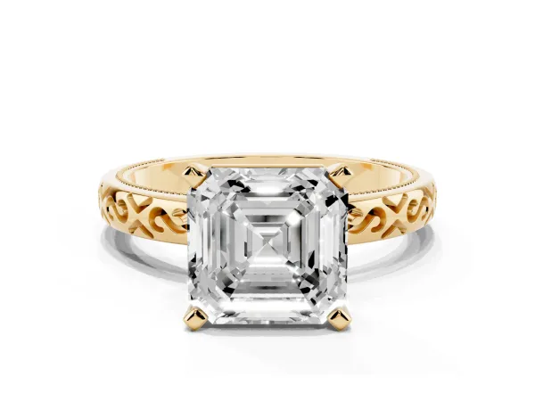 Asscher Cut Solitaire Engagement Ring with Scrollwork Band and Four-Prong Setting Yellow gold