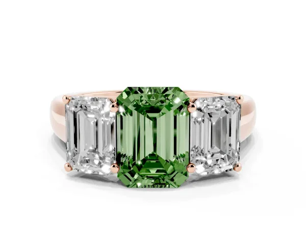 Fancy Green Emerald Cut Three-Stone Diamond Ring with Prong Setting on a Classic Band Rose gold
