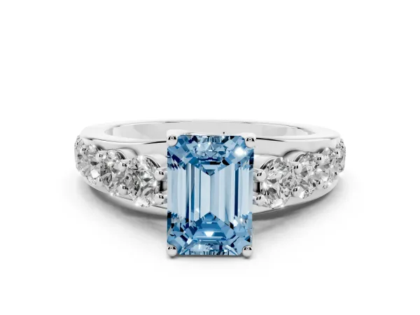 Fancy Blue Emerald Cut Diamond Engagement Ring with Pavé Band and Four-Prong Setting Platinum