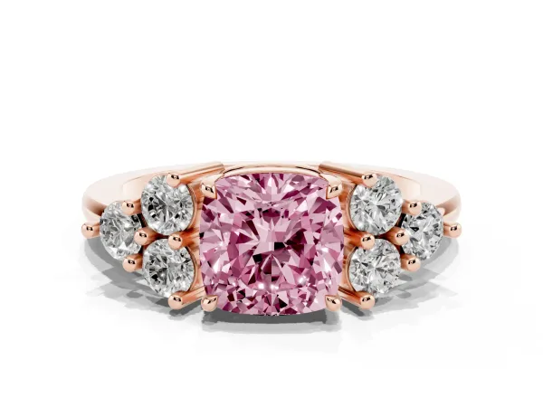 Fancy Pink Cushion Cut Brilliant Diamond Cluster Accent Solitaire Ring with Prong Setting Rose gold