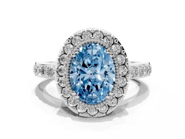 Fancy Blue Oval Cut Diamond Halo Ring with Pavé Band and Prong Setting White gold