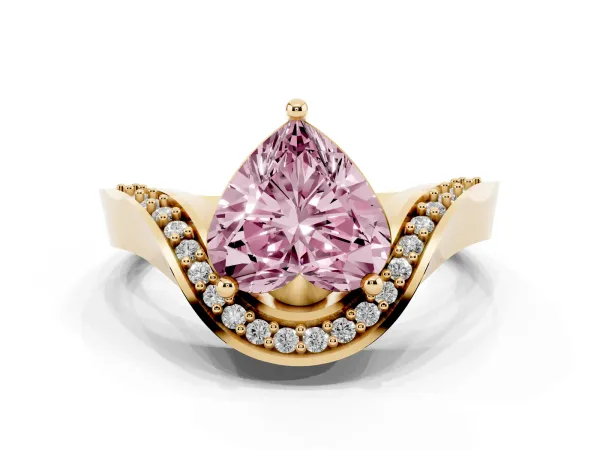 Fancy Pink Heart Cut Solitaire Diamond Engagement Ring with Pave Band and Four-Prong Setting Yellow gold
