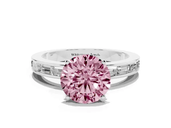 Fancy Pink Round Cut Solitaire Diamond Ring with Channel-Set Baguette Band and Four-Prong Setting White gold