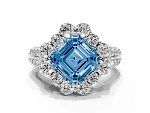 Fancy Blue Asscher Cut Halo Diamond Engagement Ring with Split Shank and Prong Setting White gold