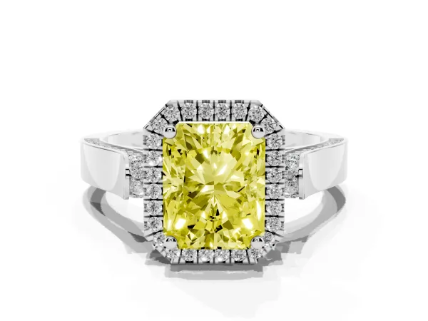 Fancy Yellow Radiant Cut Halo Round Diamond Twist Band with Four-Prong Setting Platinum