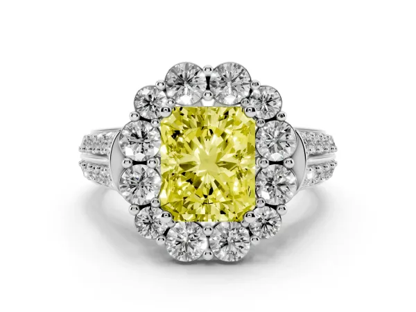 Fancy Yellow Radiant Cut Halo Diamond Engagement Ring with Split Shank and Prong Setting White gold