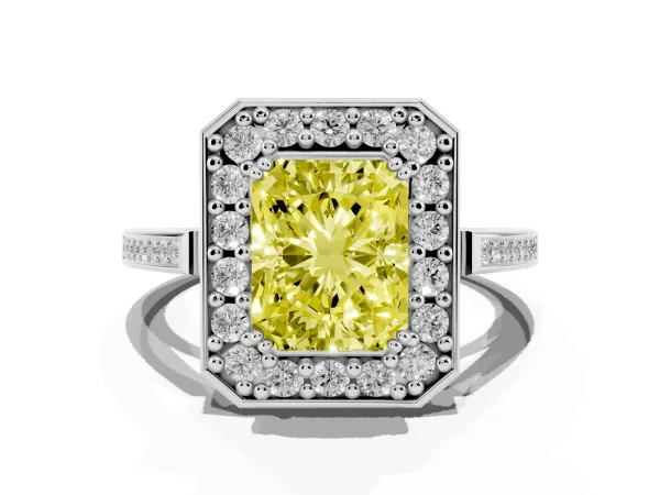 Fancy Yellow Radiant Cut Diamond Halo Ring with Split Shank and Four-Prong Setting White gold