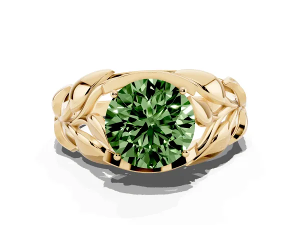 Fancy Green Round Cut Diamond Leaf-Inspired Engagement Ring with Round Accents and Prong Setting Yellow gold