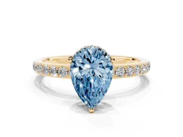 Fancy Blue Pear Cut Diamond Solitaire Ring with Pavé Band and Hidden Halo Yellow gold