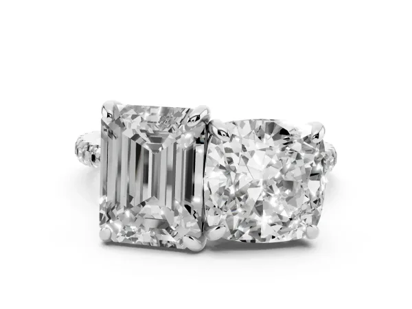 Cushion and Emerald Toi Moi Ring with Prong Setting and Pave Band Platinum