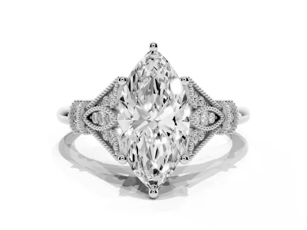 Marquise Cut Diamond Solitaire Ring with Floral Filigree and Pave Accents Platinum