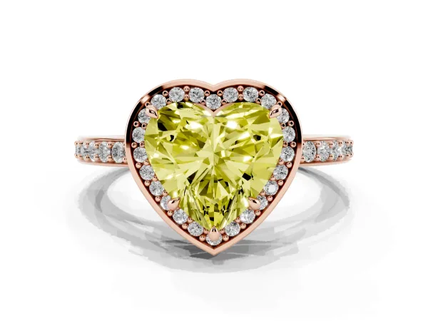 Fancy Yellow Heart Cut Halo Pave Band Solitaire Ring with Prong Setting Rose gold
