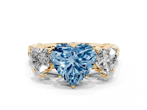 Fancy Blue Three-Stone Heart Cut Diamond Braided Band Ring with Four-Prong Setting Yellow gold