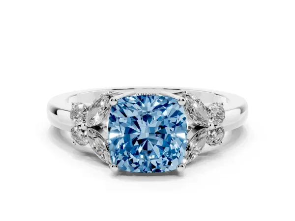Fancy Blue Cushion Cut Cut Solitaire Floral Diamond Ring with Four-Prong Setting Platinum